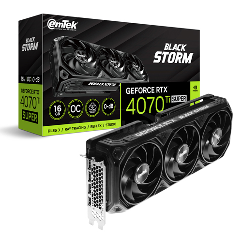 The EMTEK GeForce RTX 4070 Ti SUPER BLACK STORM OC D6X 16GB is a high-performance graphics card designed by EMTEK and powered by NVIDIA's advanced tec