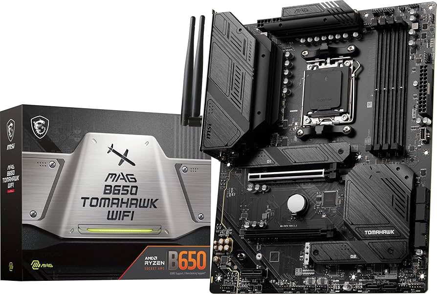 The MSI MAG B650 TOMAHAWK WIFI is a robust ATX motherboard designed for AMD CPUs with an AM5 socket. Built on the AMD B650 chipset, it supports a wide